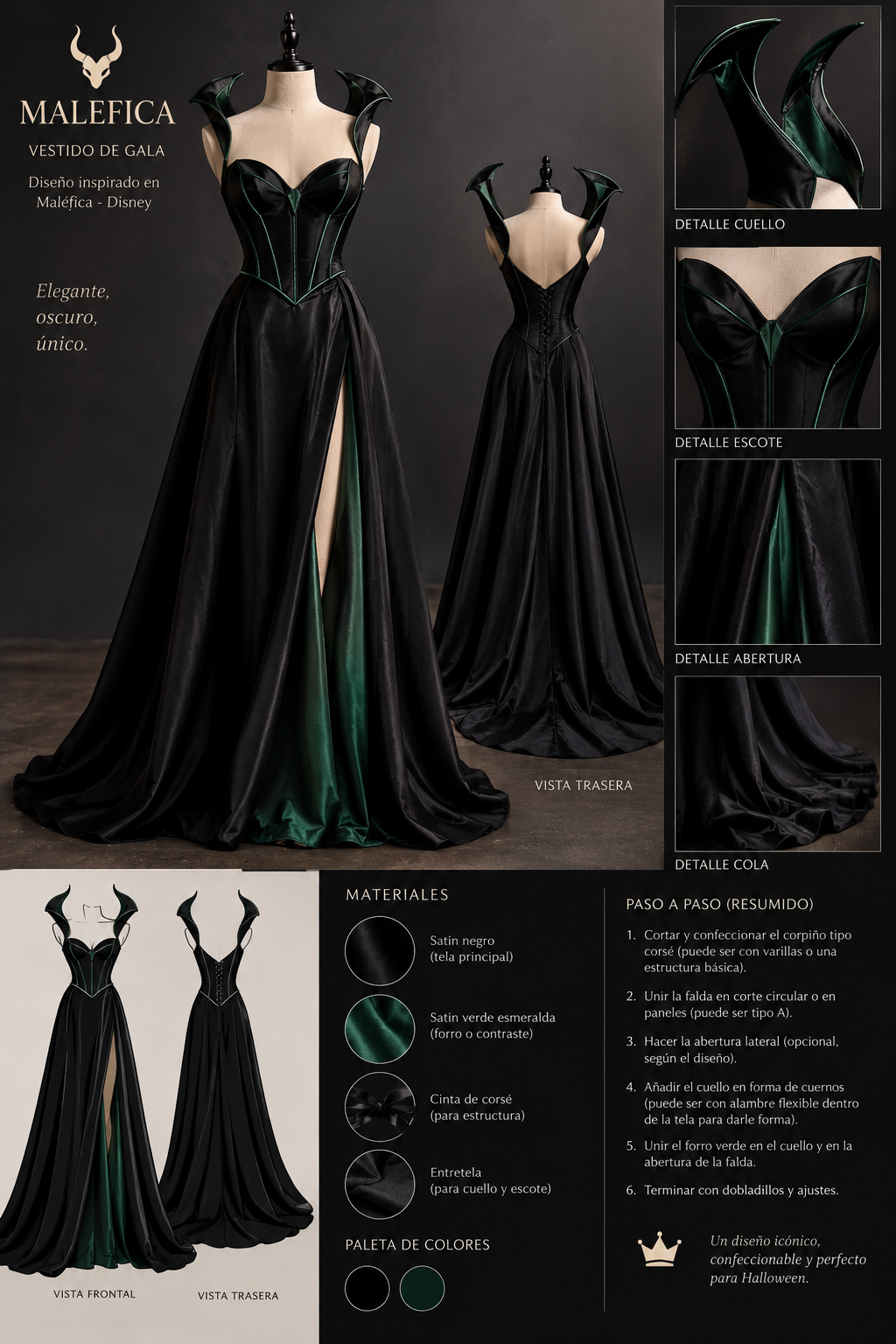 Vestido de gala negro con detalles verde esmeralda y silueta de alta costura