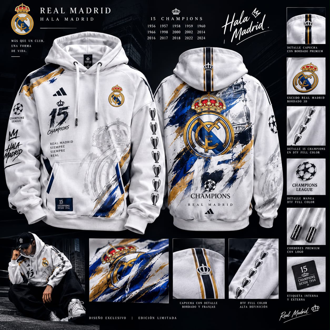 Hoodie blanco personalizado con diseño deportivo azul, dorado y negro
