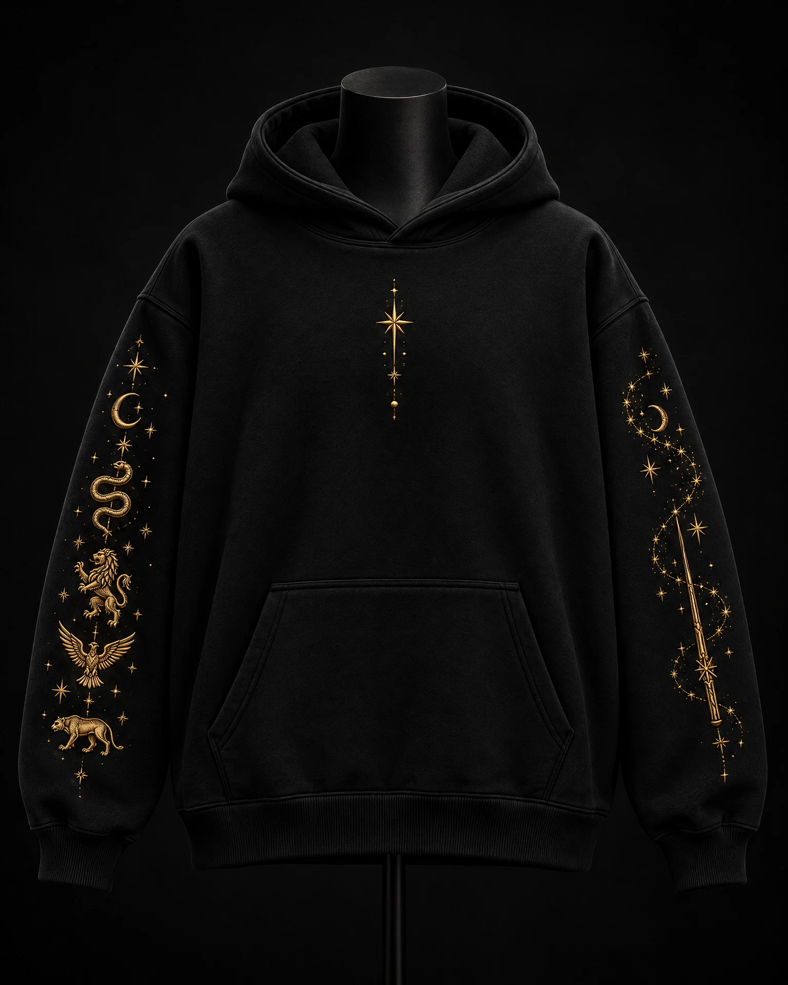 Hoodie negro de corte oversize con bordado dorado
