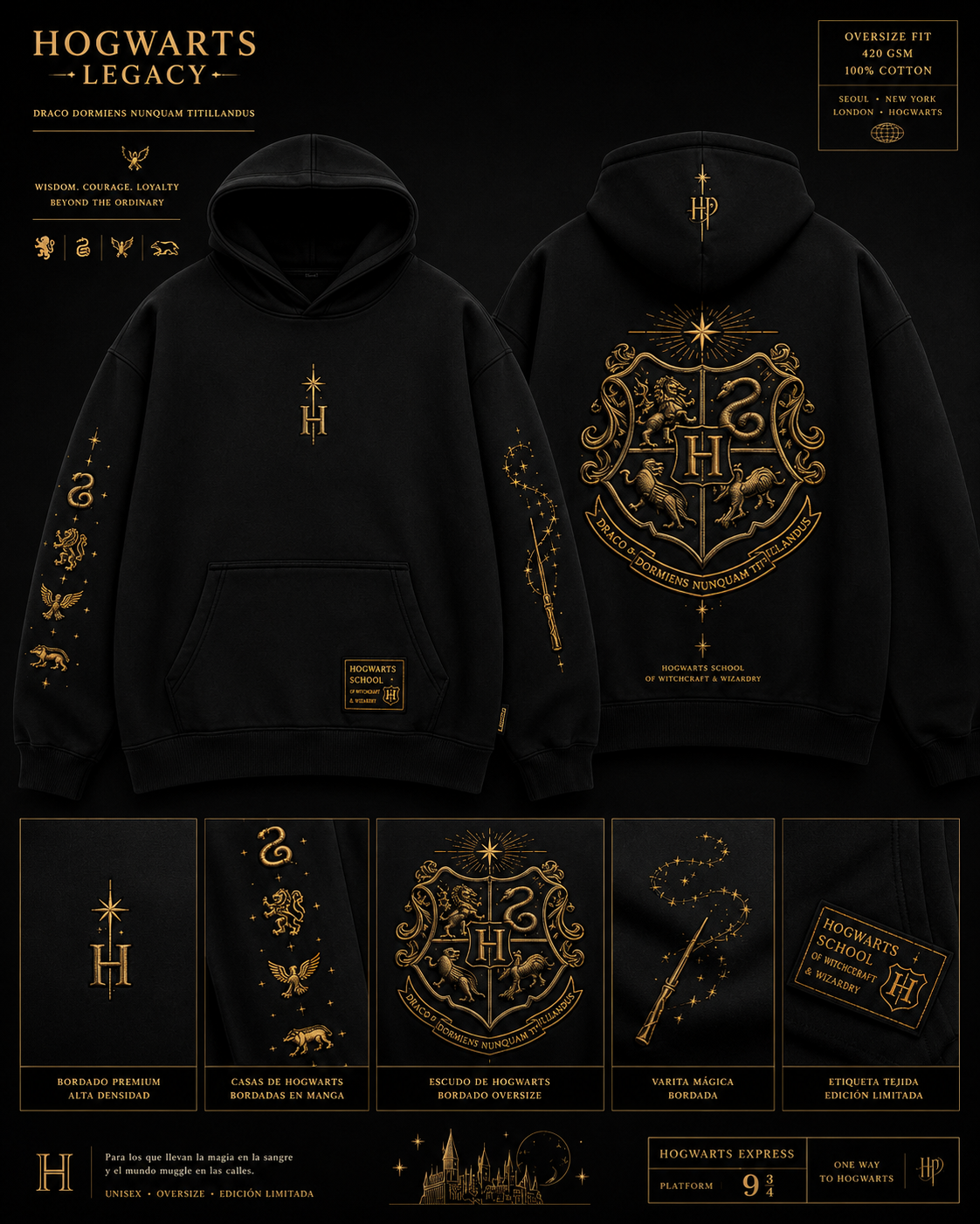 Hoodie negro personalizado con bordados dorados y detalles de alta densidad
