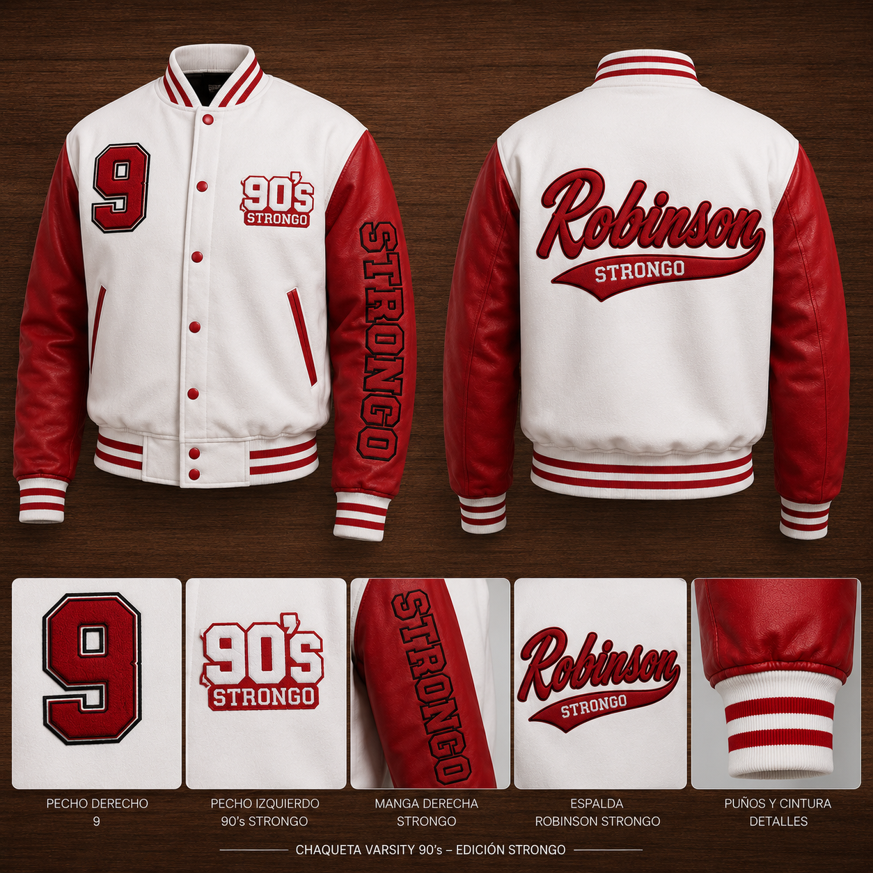 Chaqueta beisbolera varsity blanca y roja con bordados personalizados